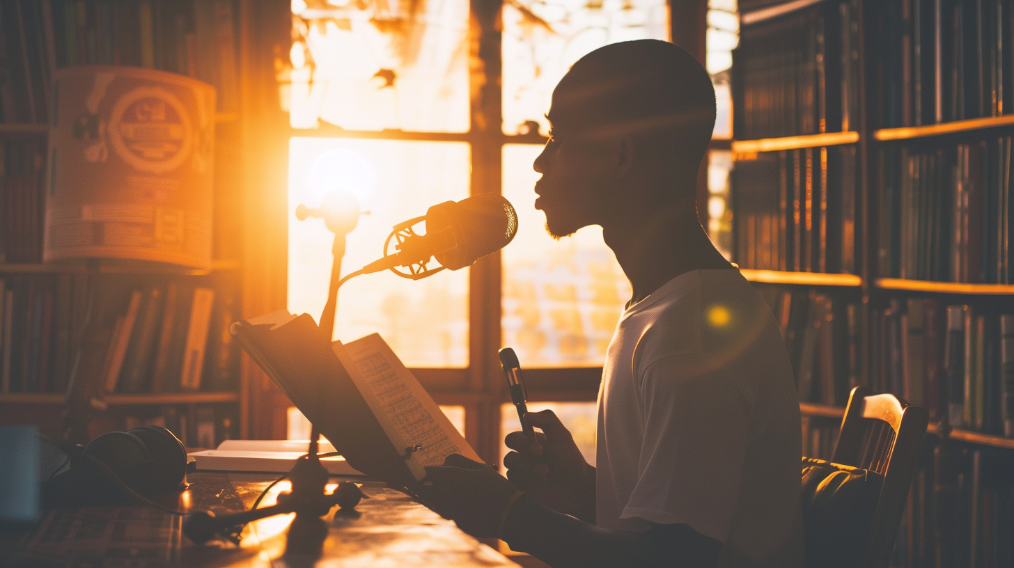 Warm portrait of an African storyteller at a desk with notebook and mic