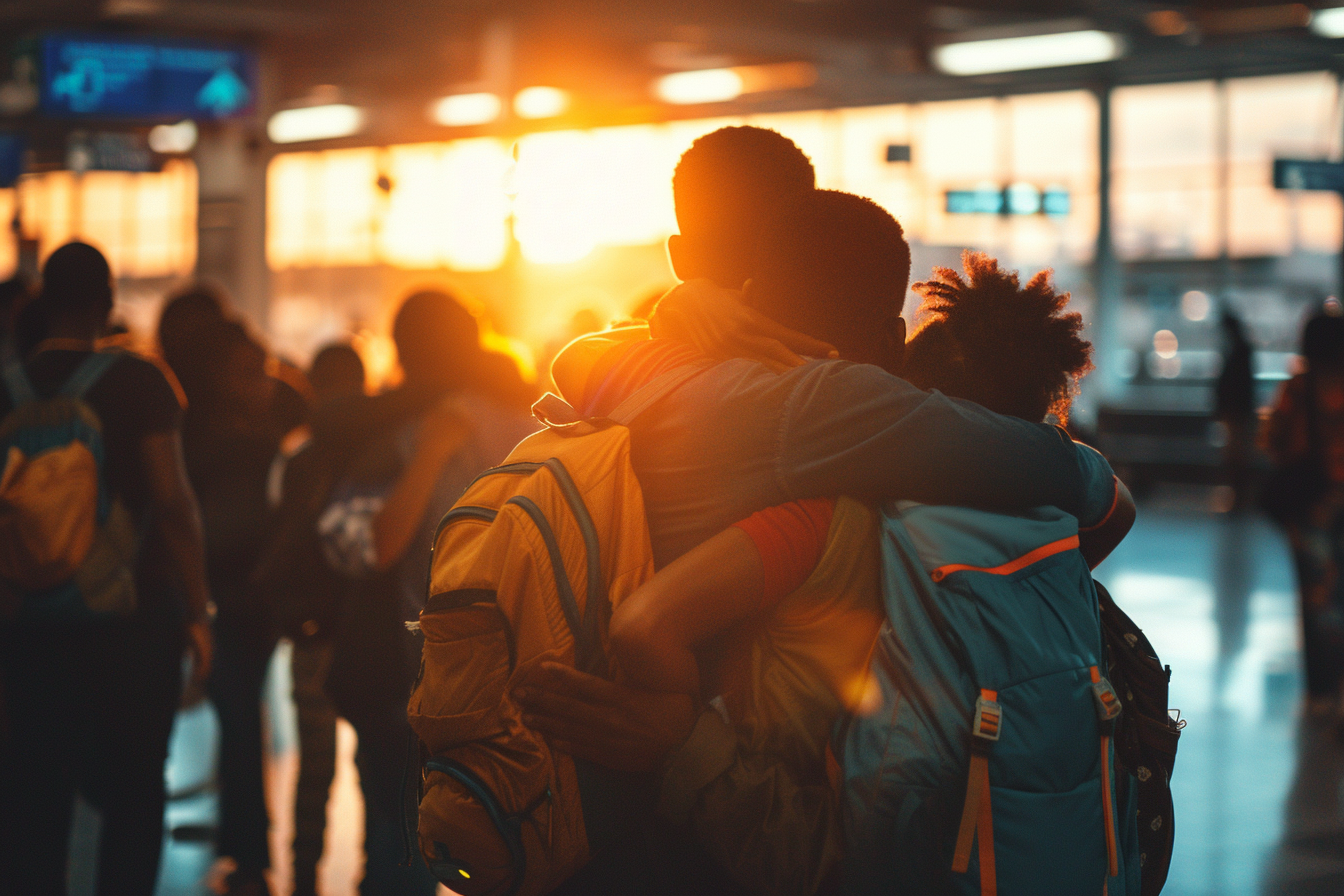 Families embracing at an airport departure gate