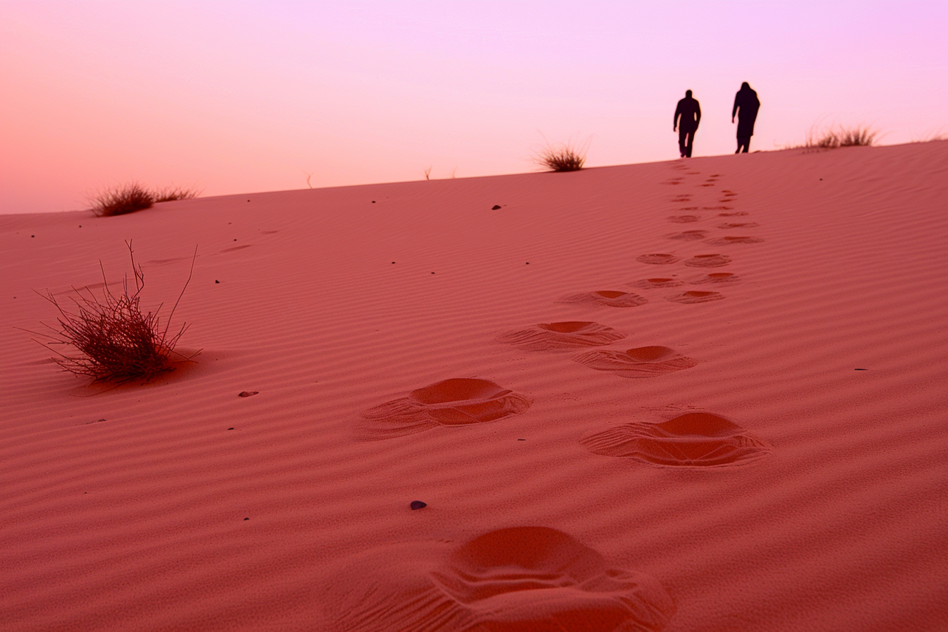 Footprints trailing across a desert at dawn